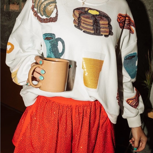 🥞🥓🍳Queen Of Sparkles S (Oversized) Brunch Sequined Sweatshirt EUC - Picture 9 of 10